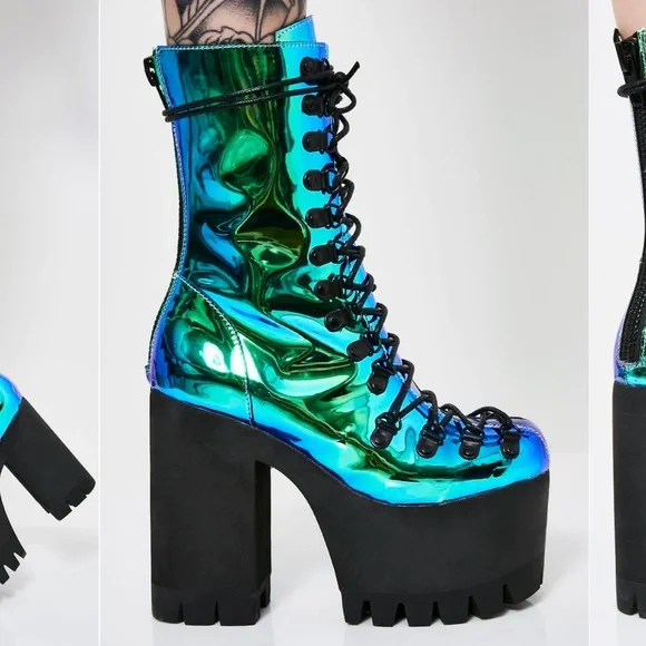 Rare boot metallic teal moonstone heel platform current mood rave festival edm - Picture 4 of 14